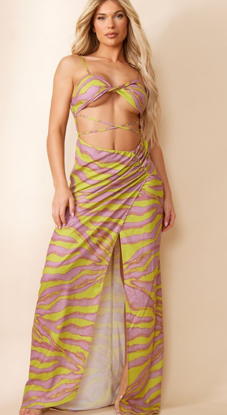 Multi Animal Print Twist Detail Cut Out Strappy Maxi Dress