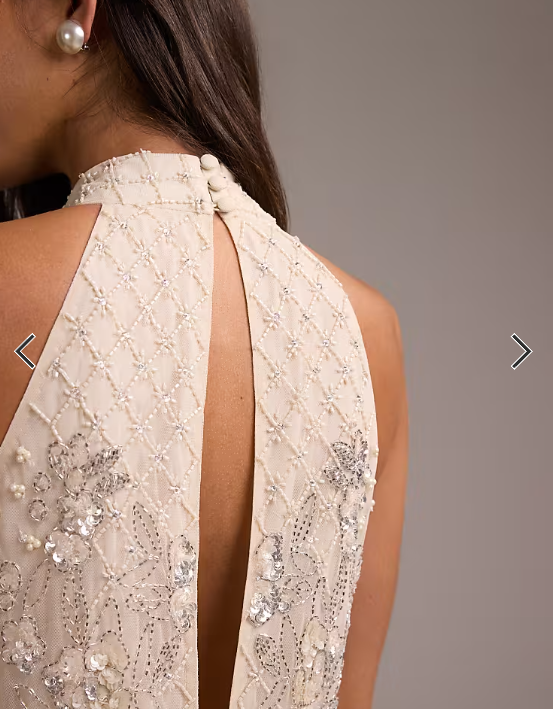 ASOS DESIGN floral embellished halter mini wedding dress with fringe hem in ivory