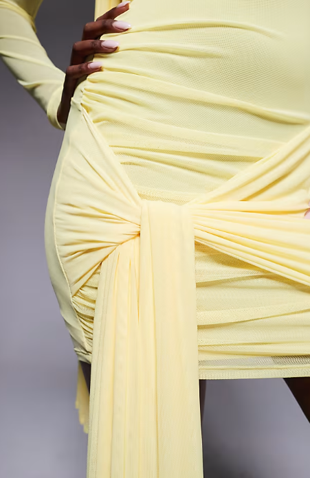 ASOS DESIGN mesh tie shoulder mini dress with knot drape detail in pastel yellow