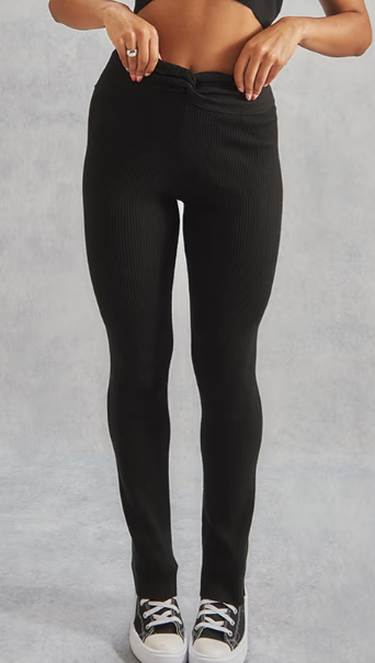 Plt - Black Rib Knit Dipped Waist Trousers