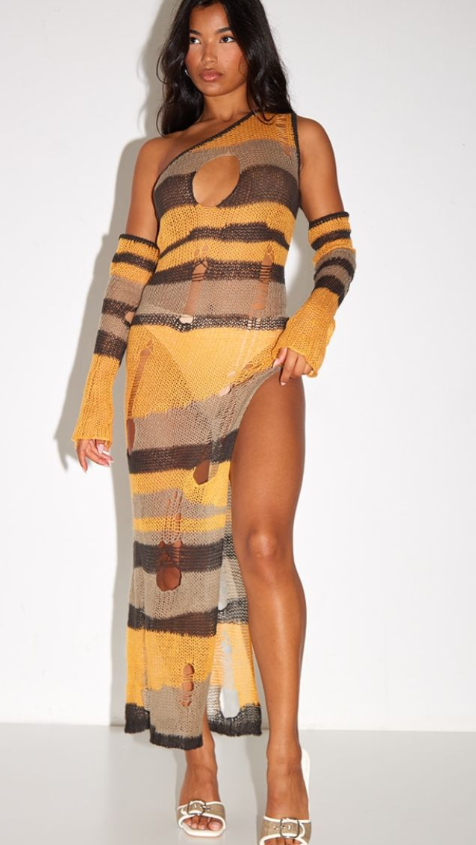 Orange Abstract Open Knit Distressed Maxi Dress With Sleeves