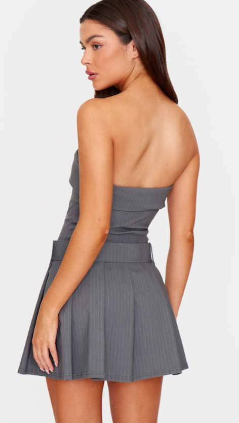 Grey Pinstripe Tailored Bandeau Belt Pleated Shift Dress