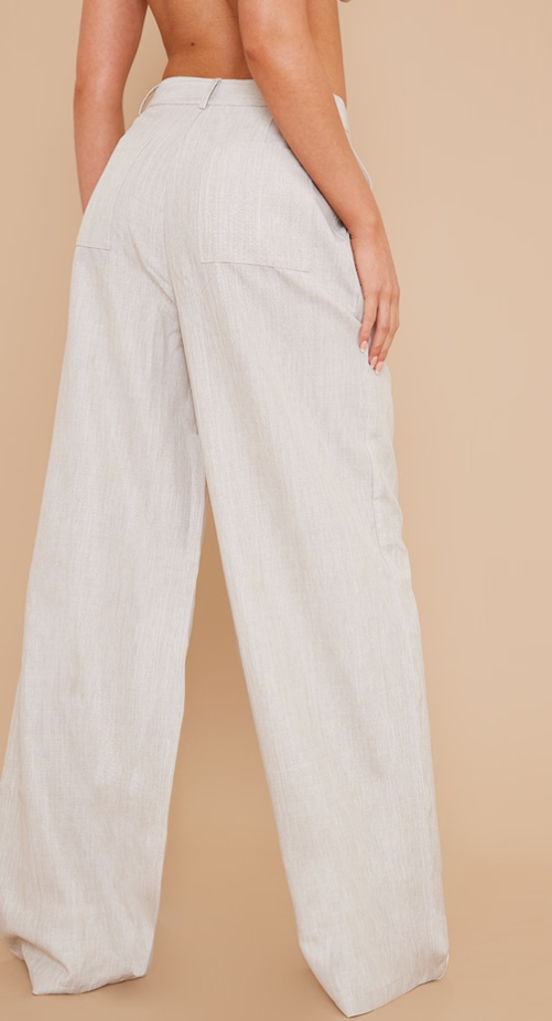 Stone Woven Linen Feel Tailored High Waist Wide Leg Trousers