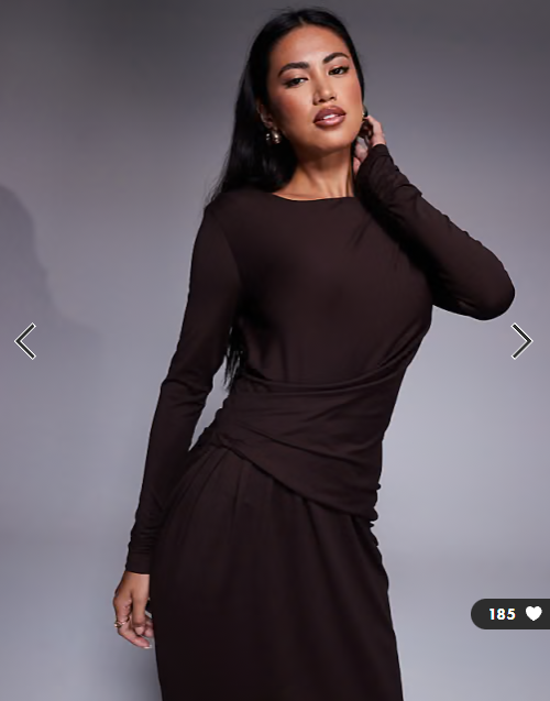 ASOS DESIGN soft touch long sleeve drape maxi dress in chocolate