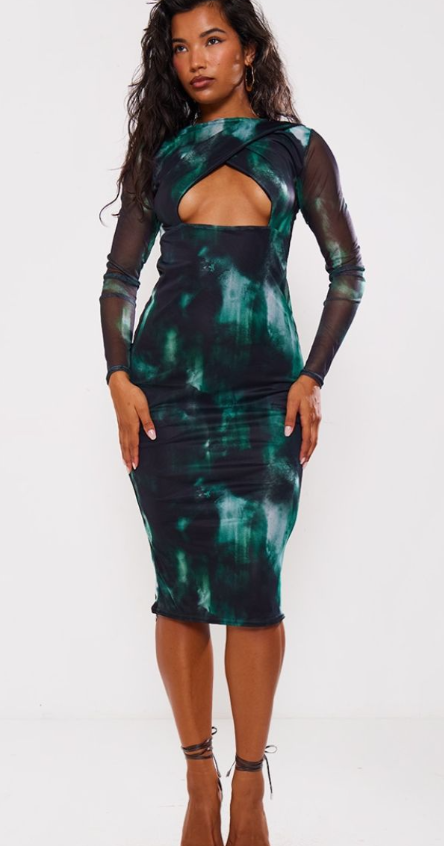 Khaki Print Mesh Wrap Cut Out Midi Dress