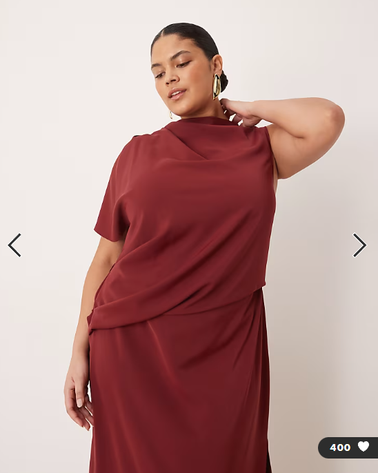 ASOS DESIGN Curve draped one sleeve slinky dress in burgundy