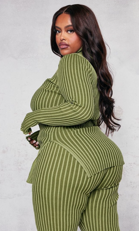 Plus Khaki Rib Knitted Trousers And Plus Khaki Roll Neck Rib Knitted Jumper set