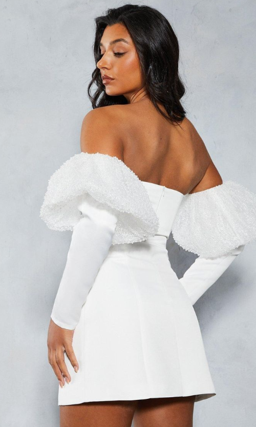 Satin Bardot Embellished Puff Sleeve Mini Dress