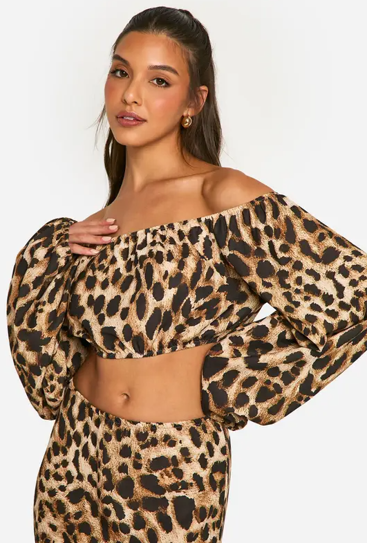 boohoo Hammered Leopard Volume Sleeve Crop & Bias Maxi Skirt