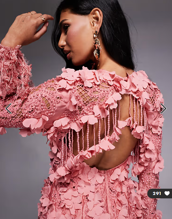ASOS LUXE 3D floral embellished broderie mini dress with faux feather trim in pink