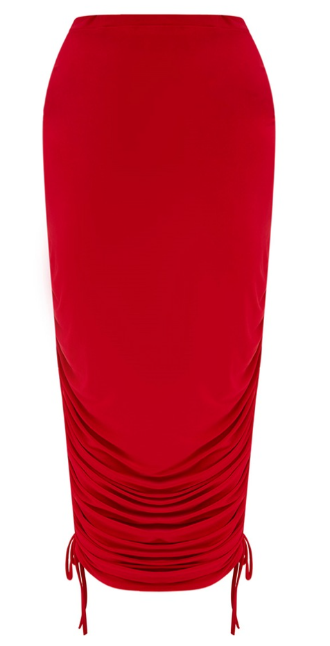 Red Ruched Tie Side Slinky Midaxi Skirt