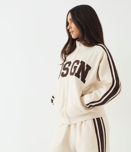 DSGN Studio Side Stripe Funnel Neck Zip Through Bomber Hoodie- cream