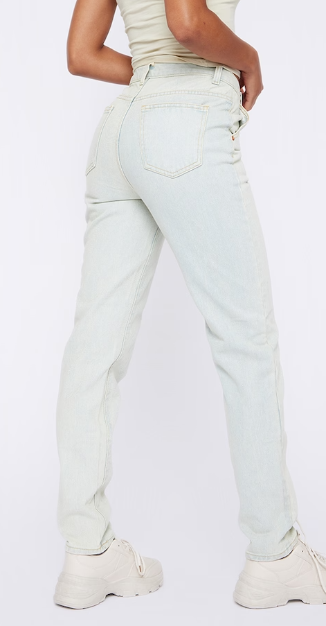 Ice Blue Vintage Wash Asymmetric Waistband Long Straight Leg Jeans