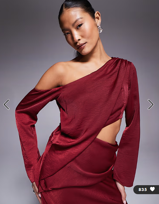 ASOS DESIGN Petite fallen shoulder maxi dress with cutout waist in burgundy