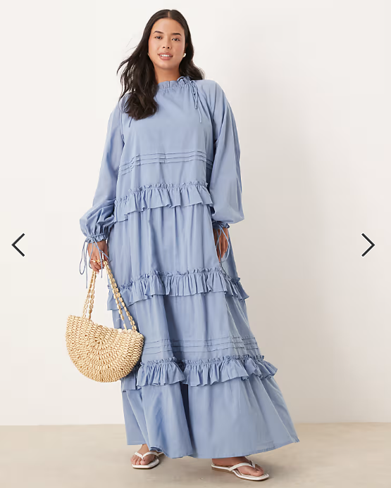 ASOS DESIGN Curve tiered ruffle maxi dress with ties in smokey blue