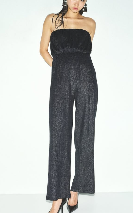H&M - RIBBED BANDEAU JUMPSUIT - Black / Glittery