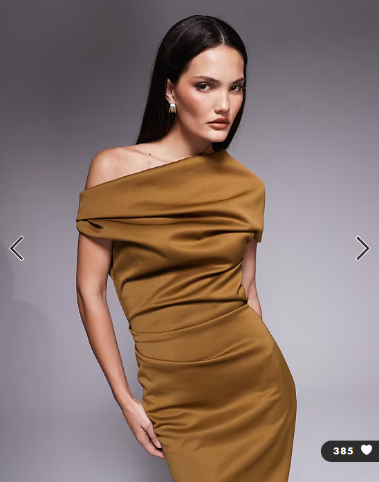 ASOS DESIGN structured midi dress with fallen shoulder in brown scuba-style fabric