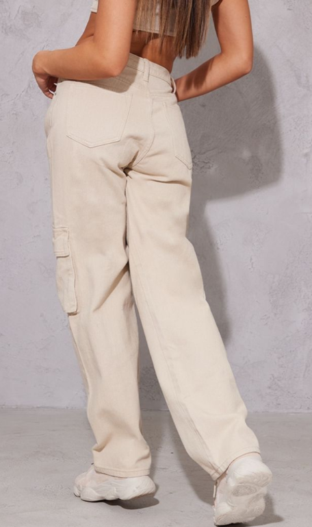 Sand Cargo Pocket Detail Baggy Boyfriend Jeans