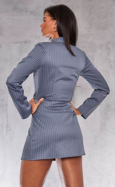 Charcoal Grey Woven Pinstripe Ruched Detail Blazer Dress