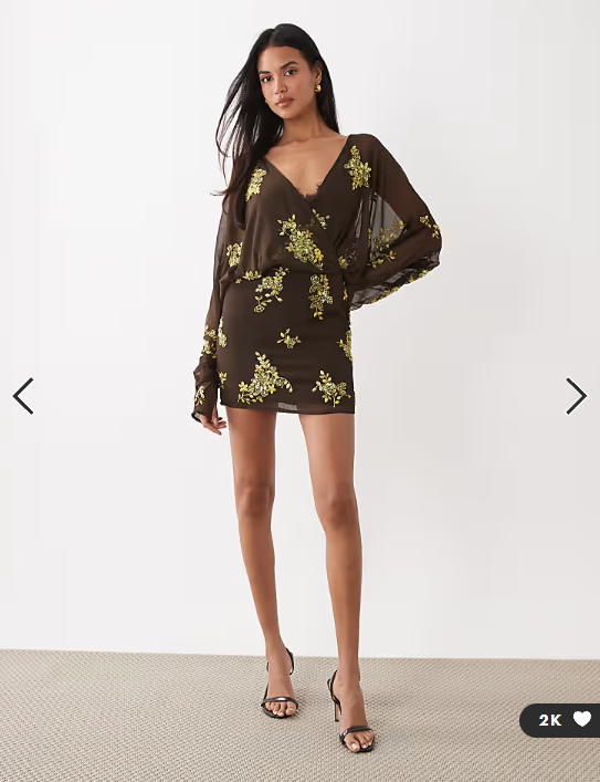 ASOS DESIGN batwing embellished slouchy hip mini dress with lace cami in chocolate and lime
