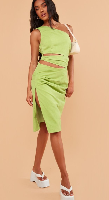 Olive Linen One Shoulder Cut Out Maxi Dress
