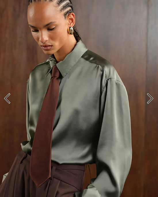ASOS DESIGN satin cinch oversized shirt with contrast tie in olive