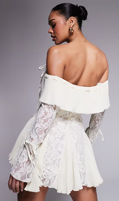 Asos - Murci exclusive lace bardot fit and flare godet detail mini dress in cream