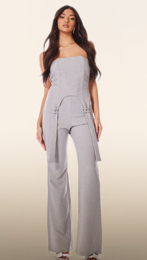 PLT Label Light Grey Corset Strap Detail Jumpsuit