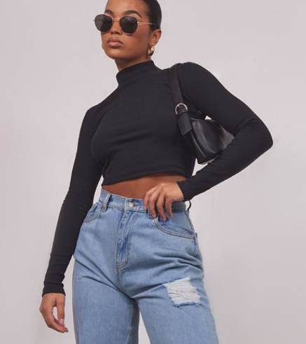 Recycled Black Rib High Neck Long Sleeve Crop