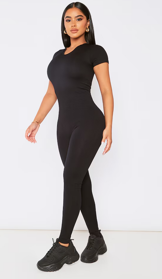 Petite Black Structured Snatched Rib V Neck Short Sleeve Jumpsuit