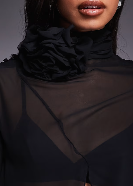 ASOS LUXE high neck sheer top with corsage detail in black
