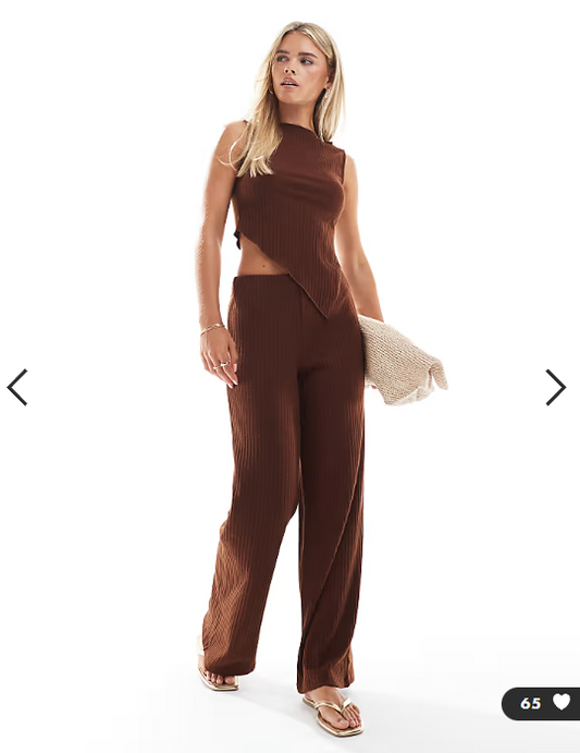 Vero Moda Petite ribbed sleeveless asymmetic hem top co-ord in chocolate brown
