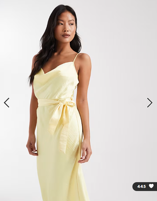 TFNC Petite Bridesmaid satin cami tie waist midaxi dress in butter yellow