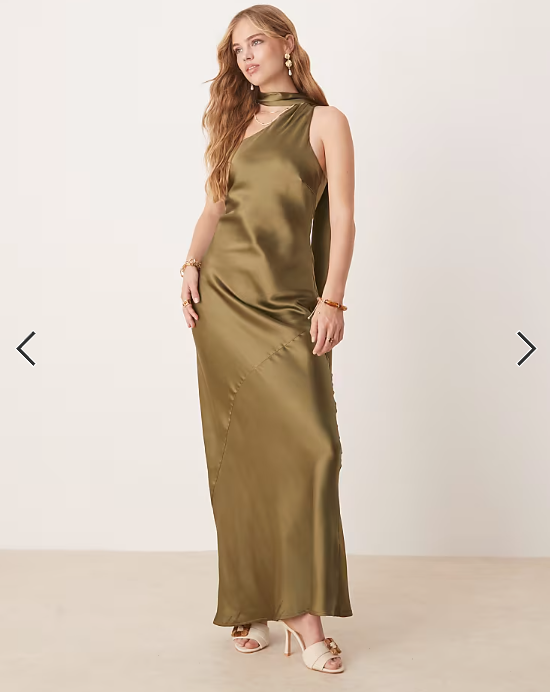 Pretty Lavish satin scarf neck maxi dress in deep olive