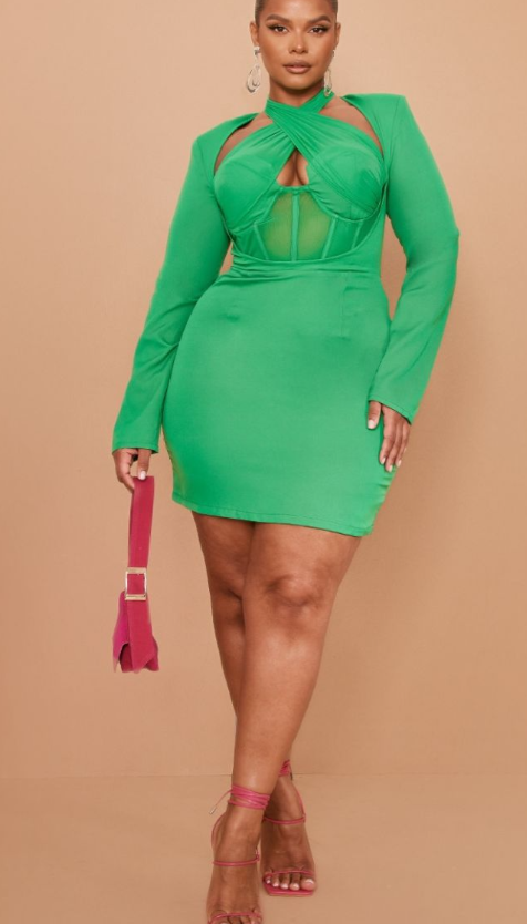 Plus Bright Green Premium Corset Cross Front Bodycon Dress