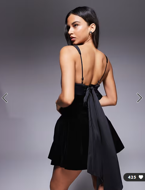 Murci satin contrast square neck bow tie back velvet mini dress in black