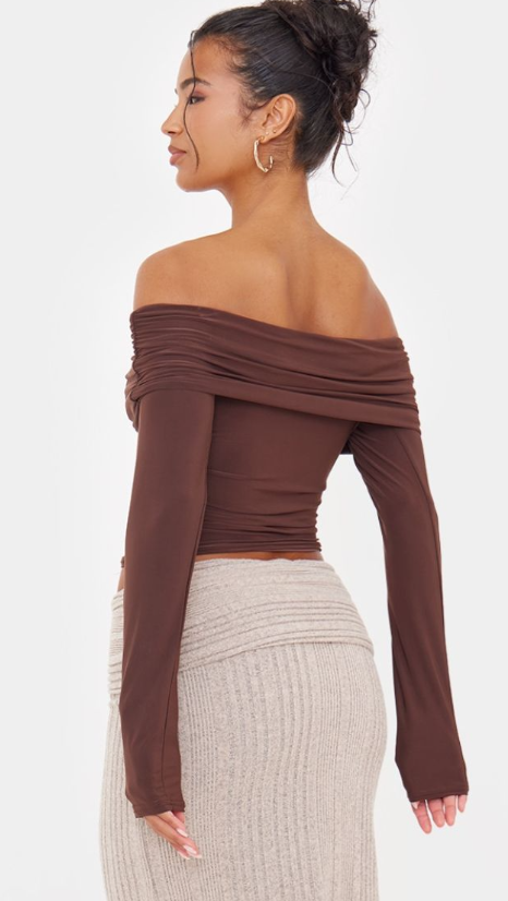 Brown Slinky Bardot Long Sleeve Long Top