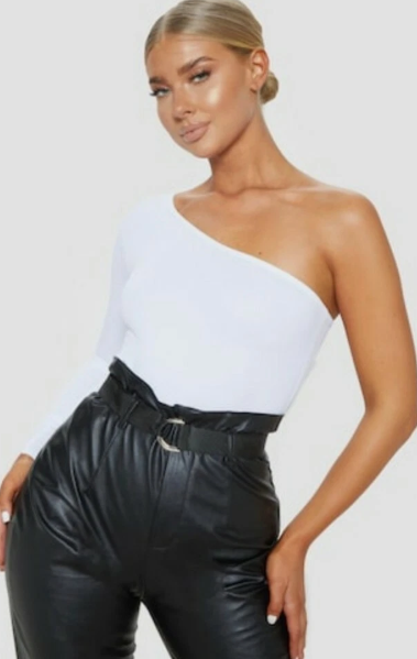 White Stretch Crepe One Shoulder Thong Bodysuit