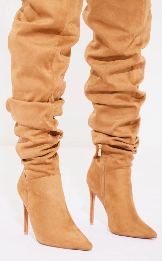 Sand Point Toe Over The Knee High Heeled Boots