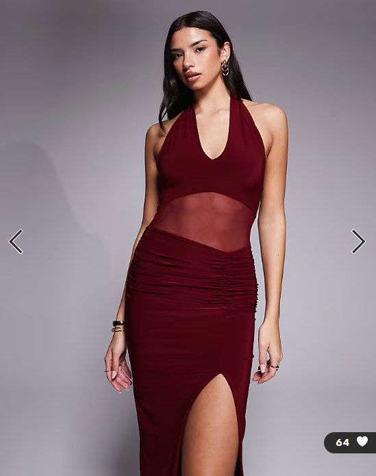 Kalia exclusive double layered slinky halterneck sheer mesh panel maxi dress in Burgundy
