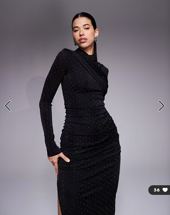 Ruched & Ready removable shoulder pad detail sculpting high neck drape front hotfix maxi dress in black
