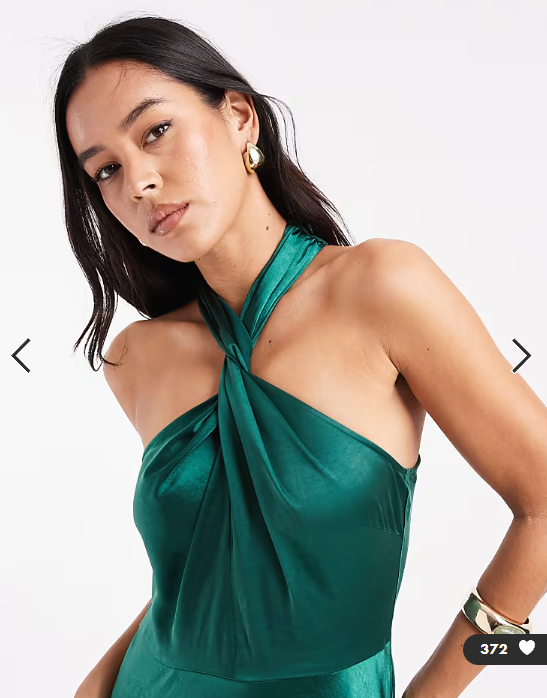 Six Stories Bridesmaid satin twist detail halter neck maxi dress in emerald green