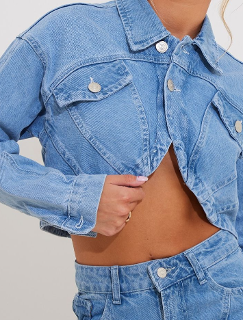 Light Blue Wash Seam Front Detail Curved Hem Super Cropped Denim Jacket