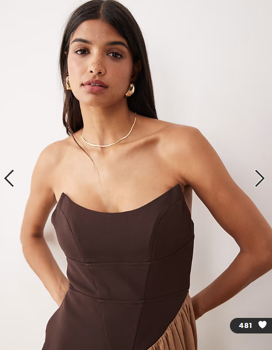 ASOS DESIGN structured curved bandeau neckline midi dress with contrast soft draped skirt in brown
