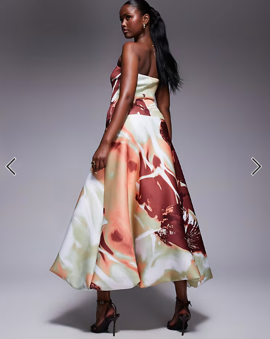 ASOS DESIGN dropped waist puffball midaxi dress in oversized floral print in scuba-style fabric