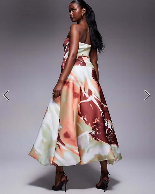 ASOS DESIGN dropped waist puffball midaxi dress in oversized floral print in scuba-style fabric