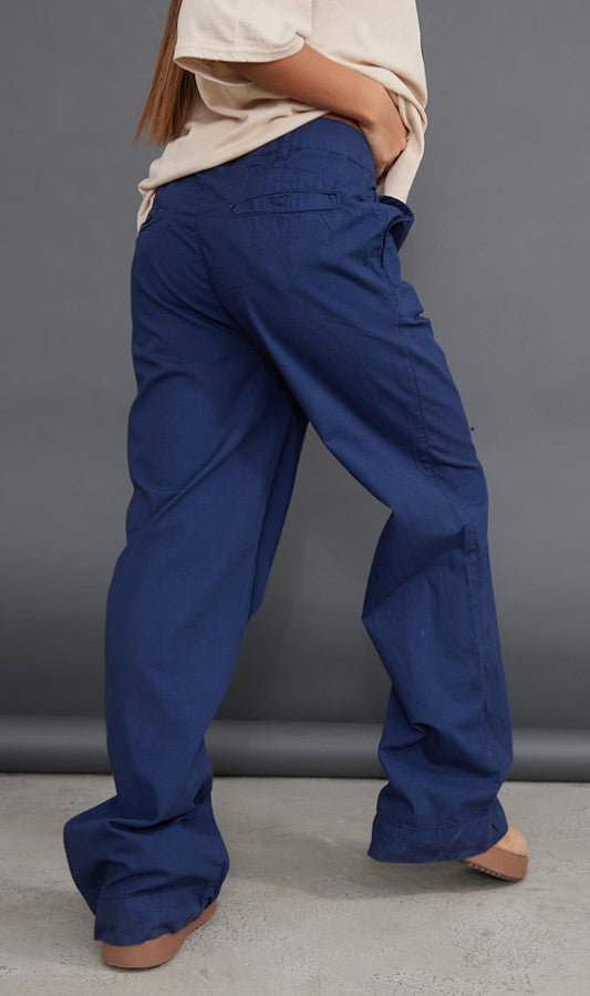 Ink Blue Woven High Waist Pleated Front Wide Leg Trousers