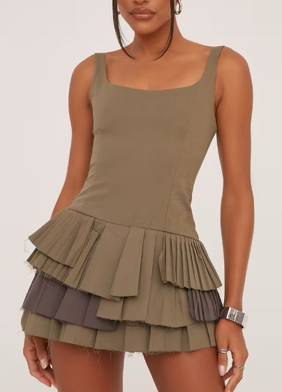 Ego - square neck pleated hem detail playsuit in khaki