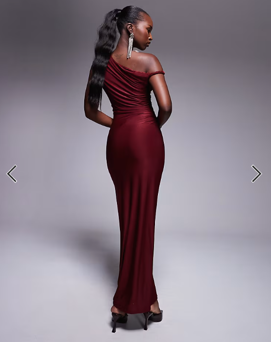 Kaiia exclusive double layered slinky twist off shoulder bodycon maxi dress in burgundy