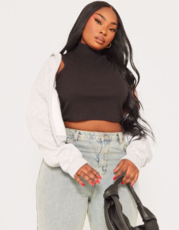 Plus Black Basic Rib High Neck Sleeveless Crop Top